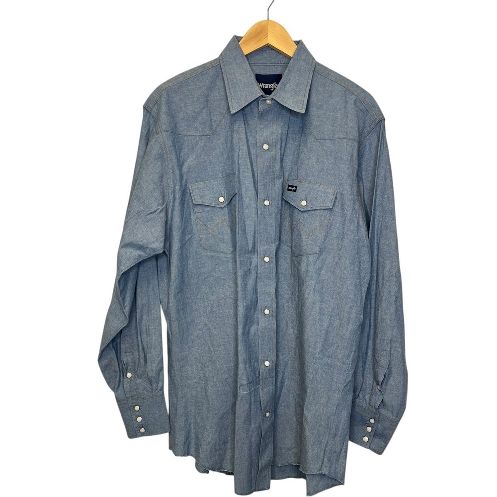 VTG Wrangler Cowboy Cut Chambray Western Pearl Snap‎ Solid Work Shirt Denim XLT